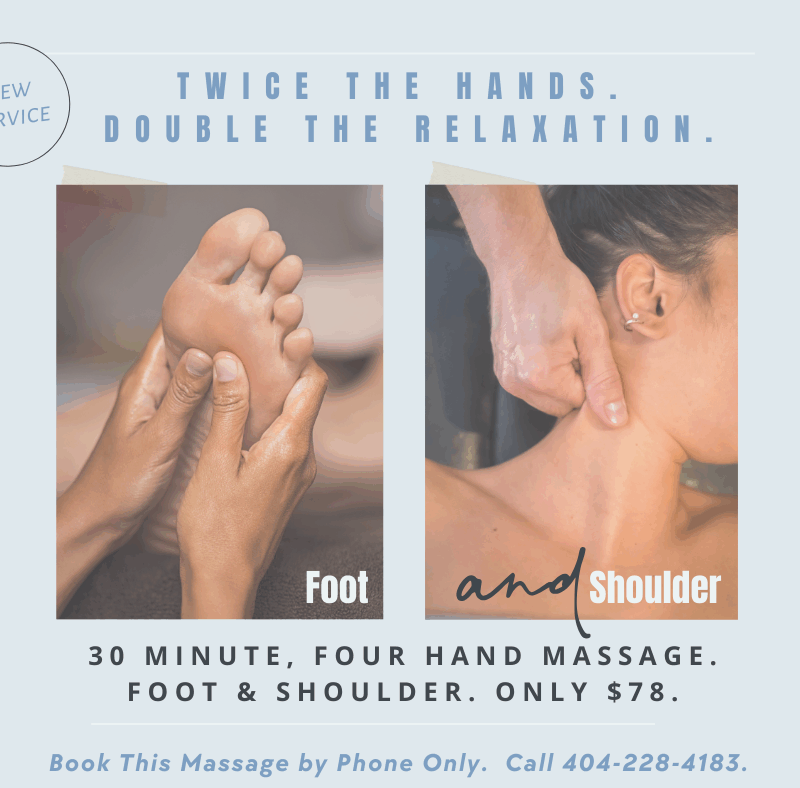 Graphic of four hand massage promo, with feet and neck massage photos.