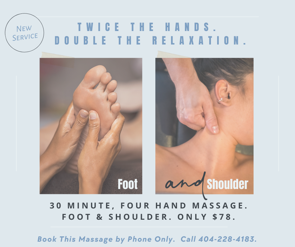 Graphic of four hand massage promo, with feet and neck massage photos.