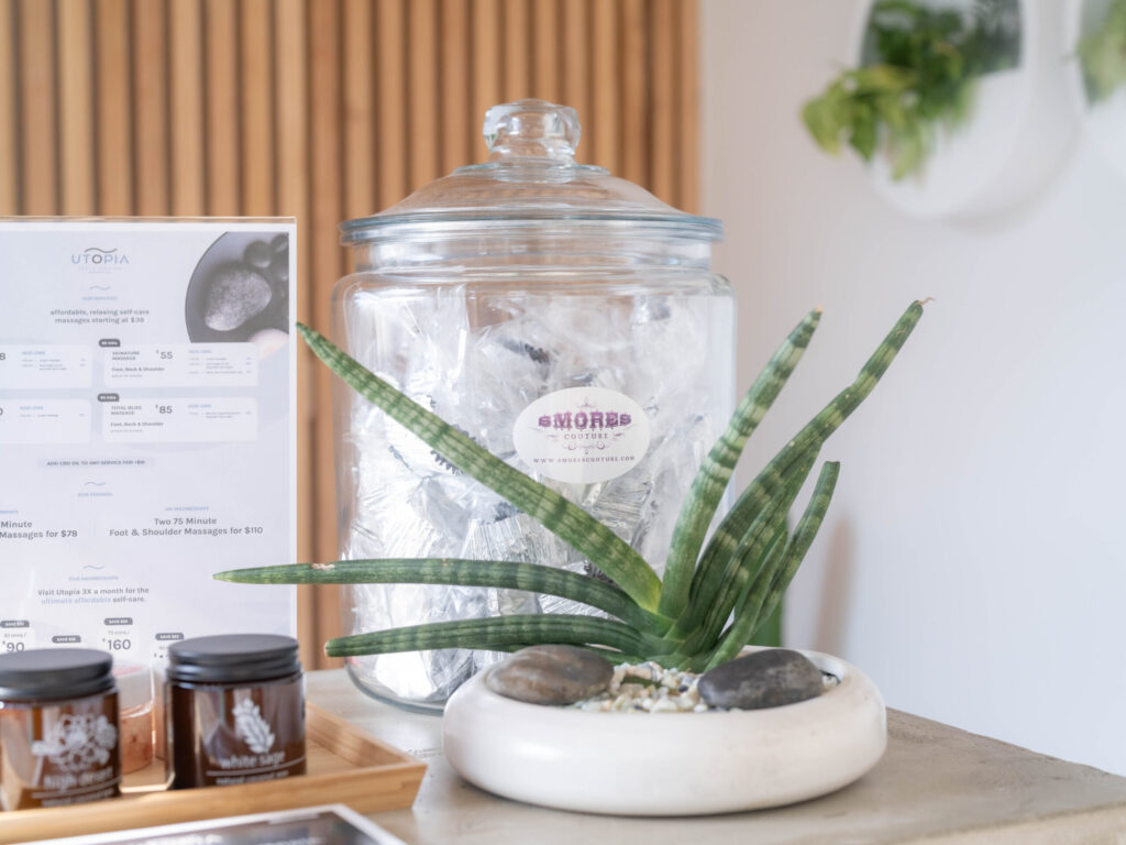 reception desk with tree decor
